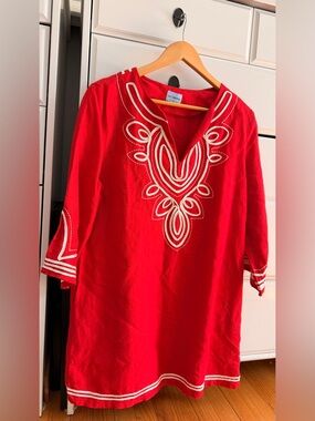 Red Embroidered Midi Dress with V-Neck